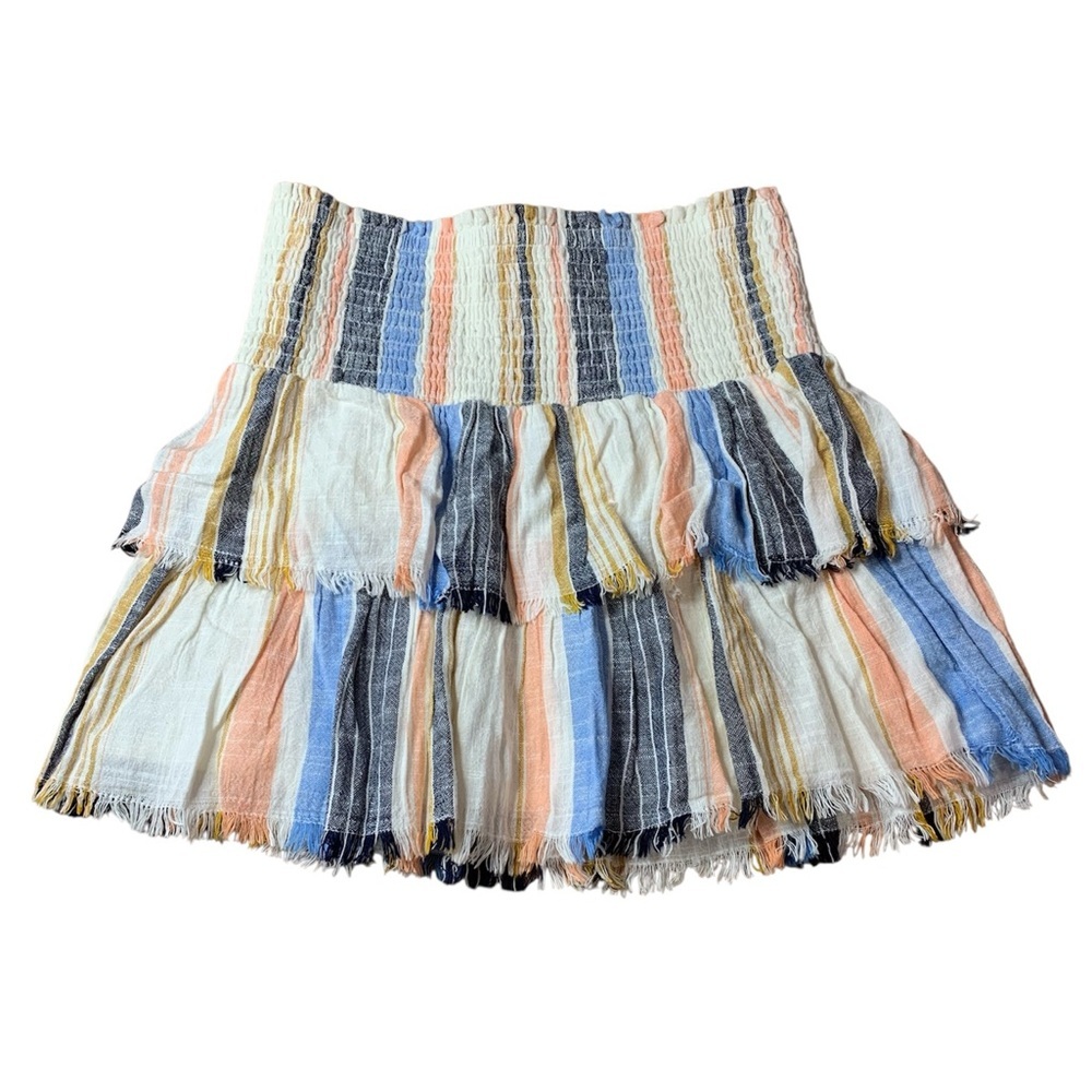 Aerie Smocked Tiered Mini Skirt Striped Frayed Boho Blue Peach Small